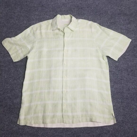 TOMMY BAHAMA Mens M Lime Green Plaid Linen Button-Up Shirt Short-Sleeve beach - Picture 1 of 7